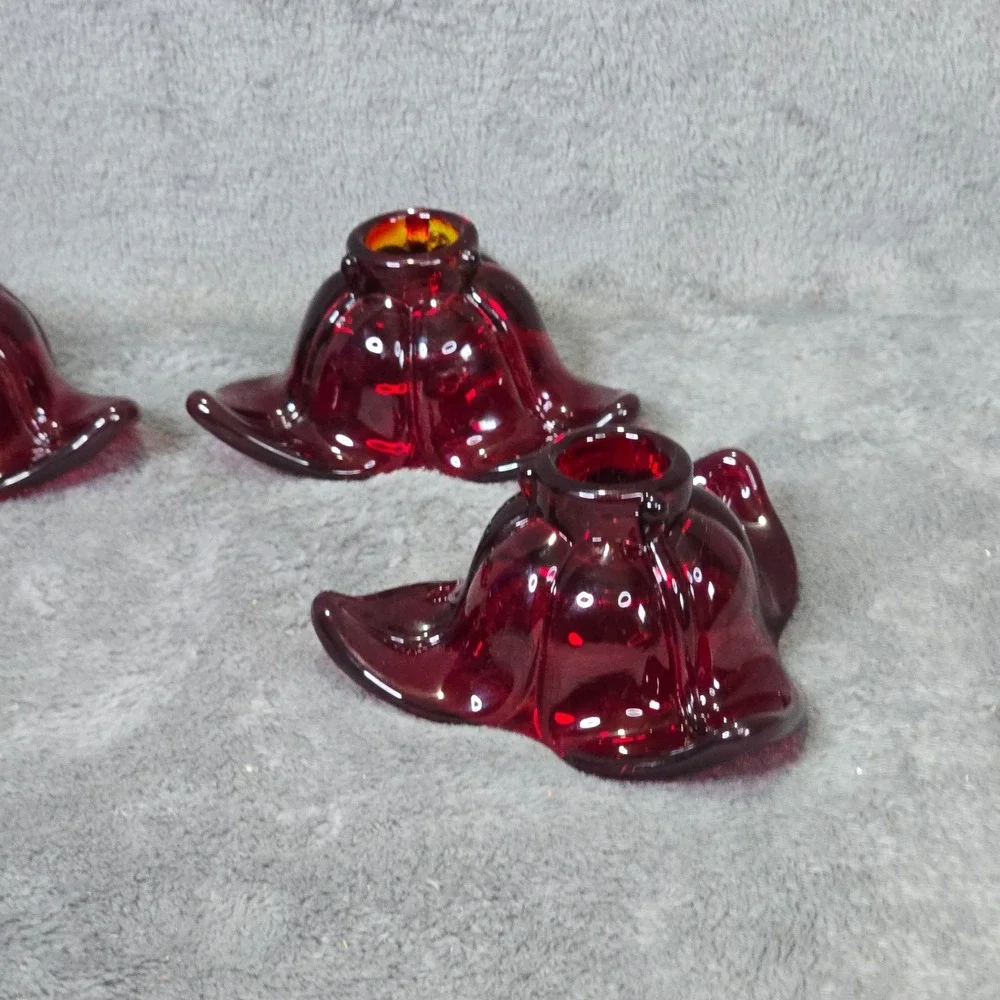 Vintage Ruby Red Glass Flower Candle Holders Set of 4 Star Shape Retro Decor